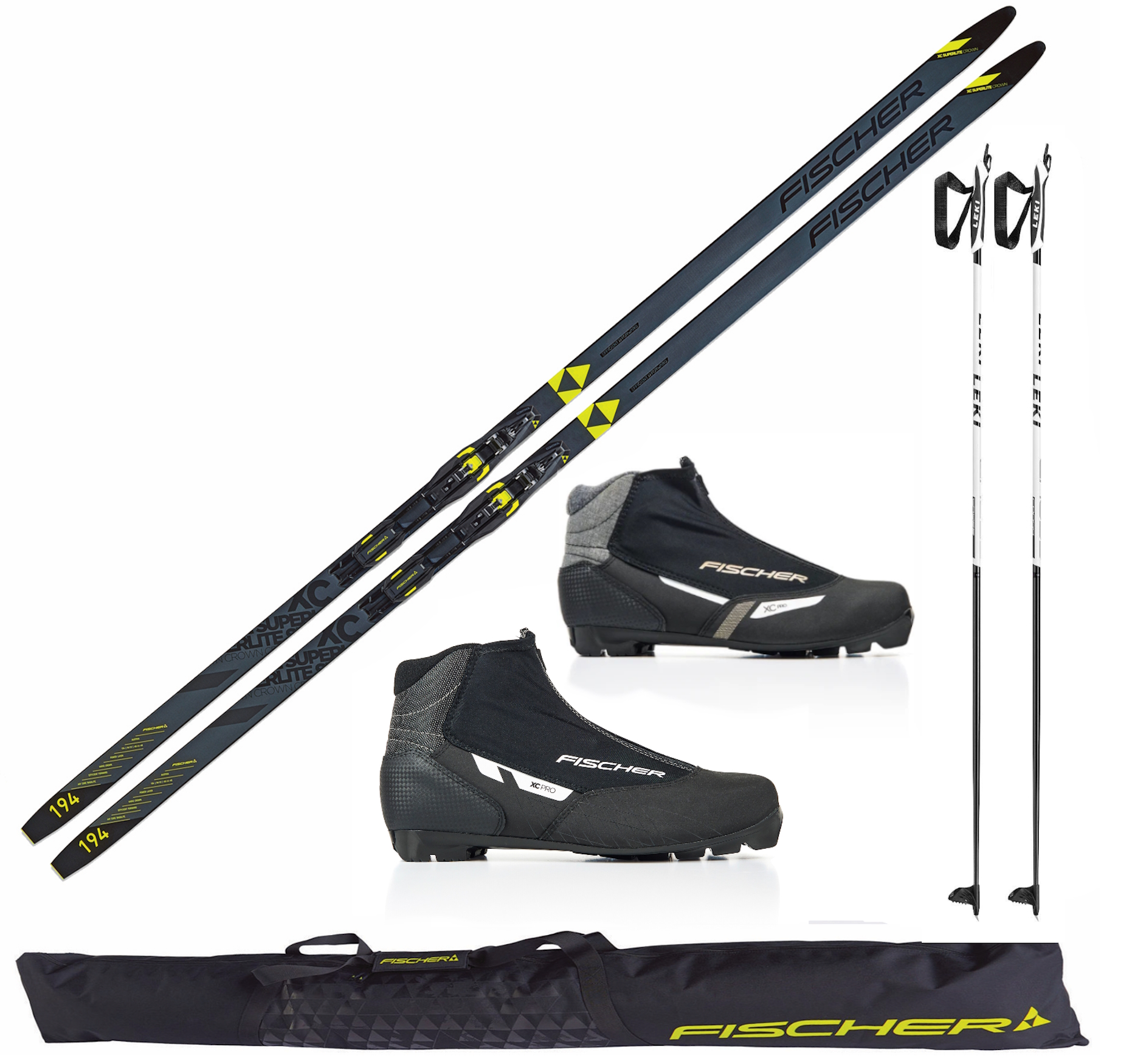 Fischer Superlite Crown EF - Langlaufski Set + Bindung + Schuhe + Stöcke + Skisack